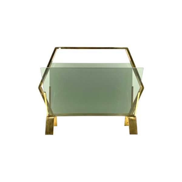 Vintage magazine rack in brass and smoked glass (1970s), image