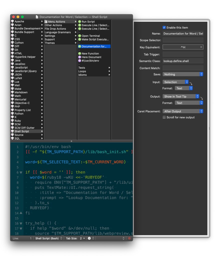 screenshot of the TextMate bundle editor