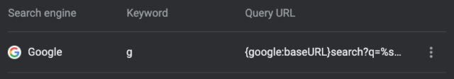 screenshot of Chrome search engine settings with Google using the "g" keyword