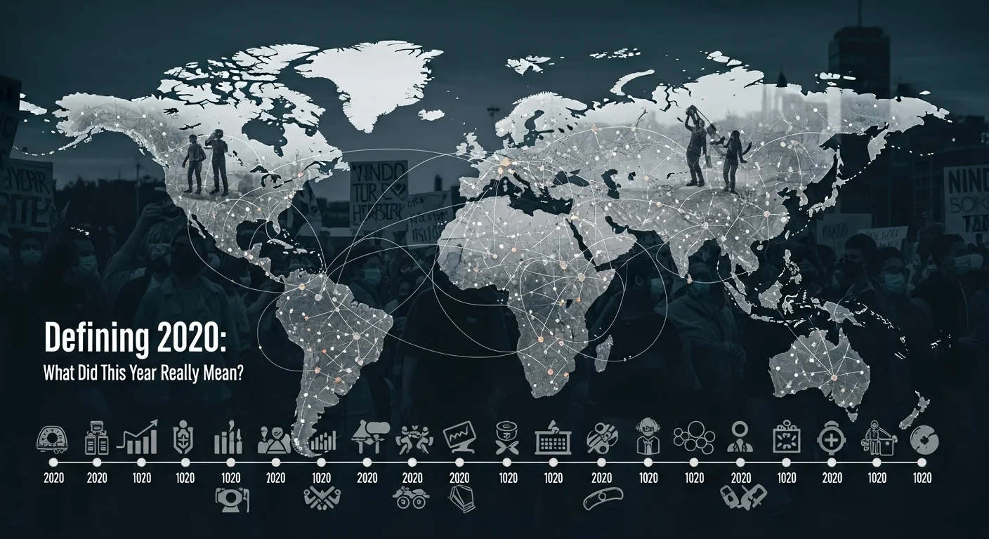 Imagen que muestra la definición y significado de 2020, con elementos visuales de la pandemia y movimientos sociales.