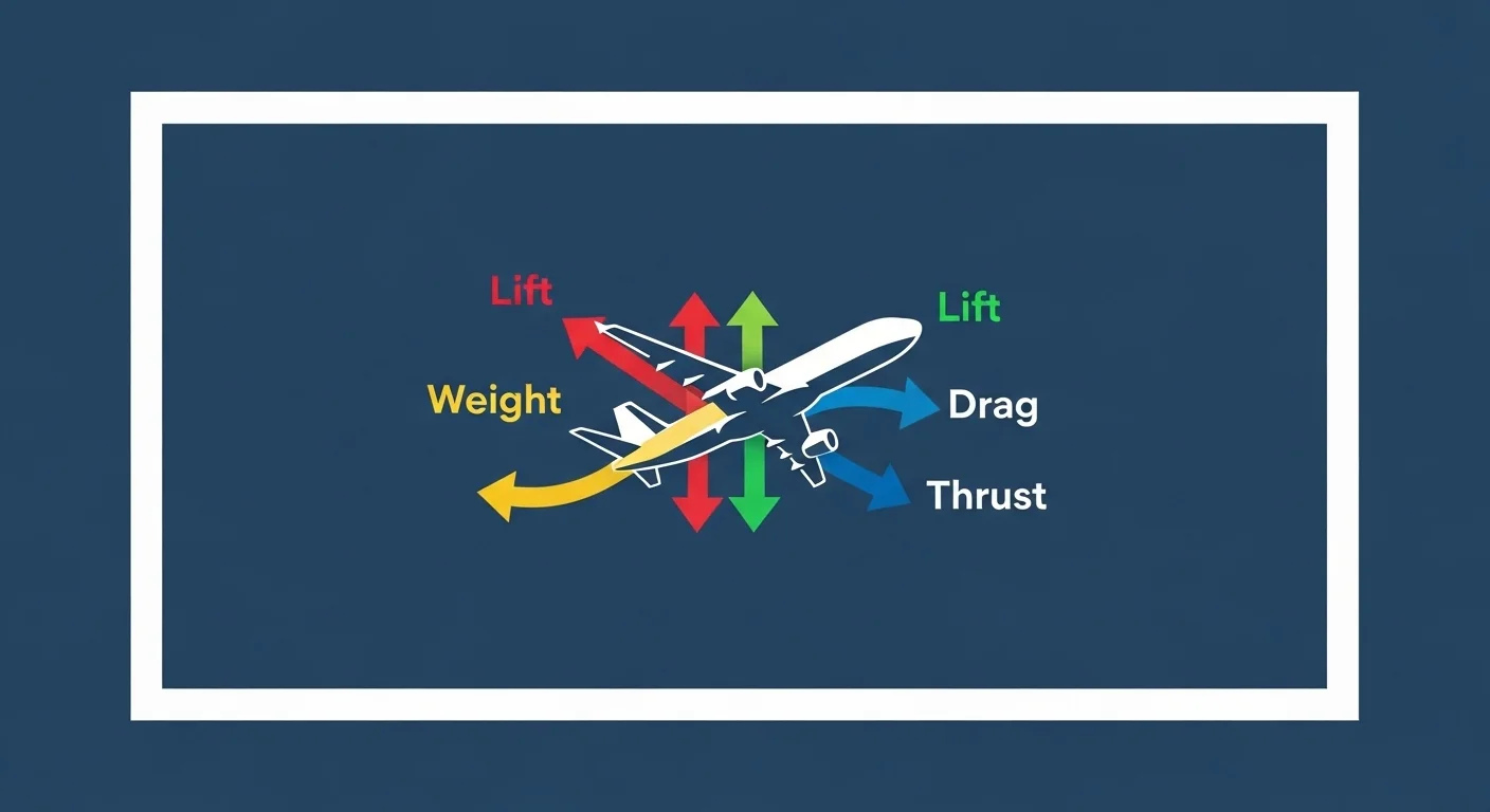 Explicación visual de qué significa y qué quiere decir Aviacion, mostrando las cuatro fuerzas del vuelo.
