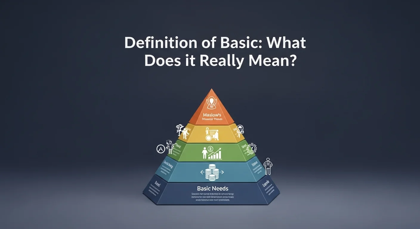 Explicación visual de qué significa y qué quiere decir Básico, mostrando una pirámide de necesidades para ilustrar el concepto.