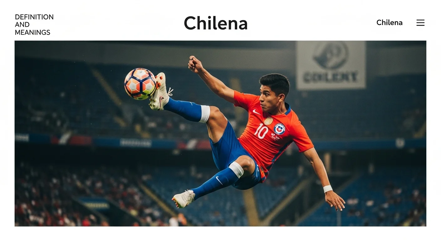 Imagen que muestra la definición y significado de Chilena, con un futbolista ejecutando la acrobacia.