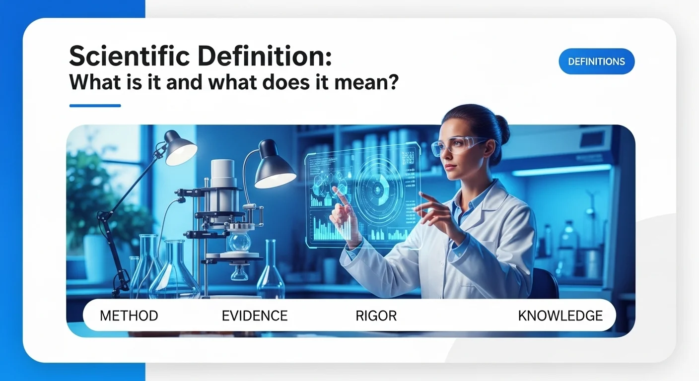 Infografía explicando visualmente qué significa científica, con una mujer investigadora en un laboratorio y las palabras clave: método, evidencia, rigor y conocimiento.