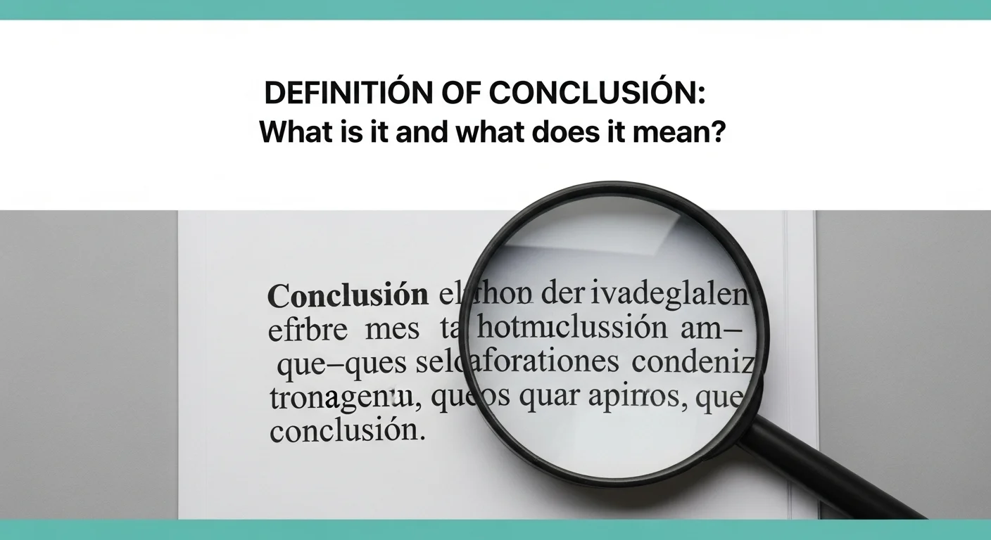 Imagen que muestra la definición y significado de Conclusión, con una lupa sobre un texto final.