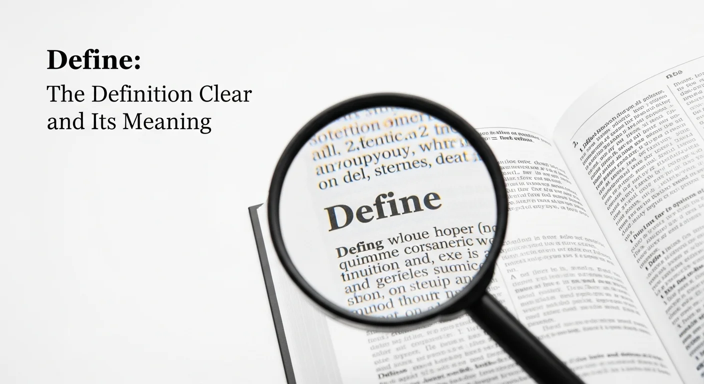 Una lupa enfocando la palabra Define en un diccionario, simbolizando la definición y su significado.