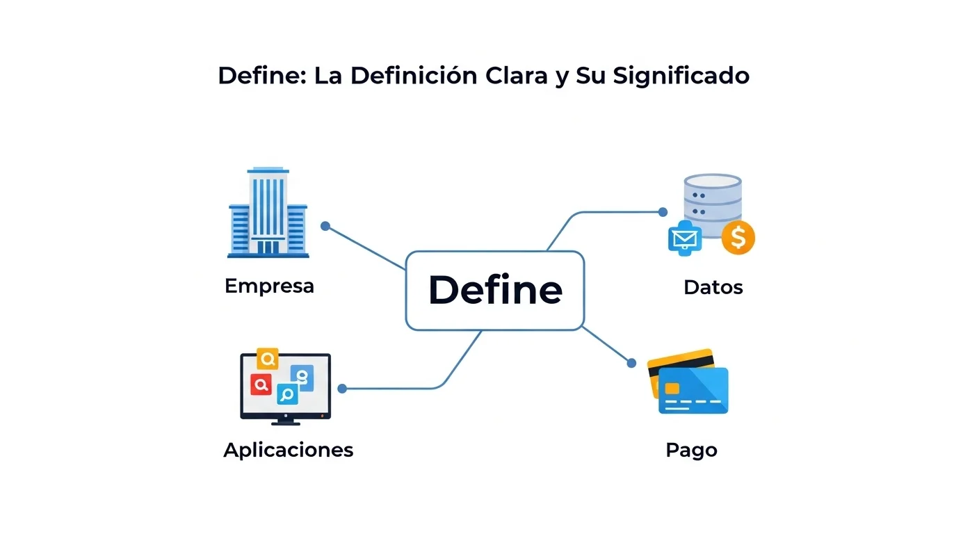 Diagrama que conecta la palabra Define con conceptos como empresa, datos, aplicaciones y pago, explicando su significado práctico.