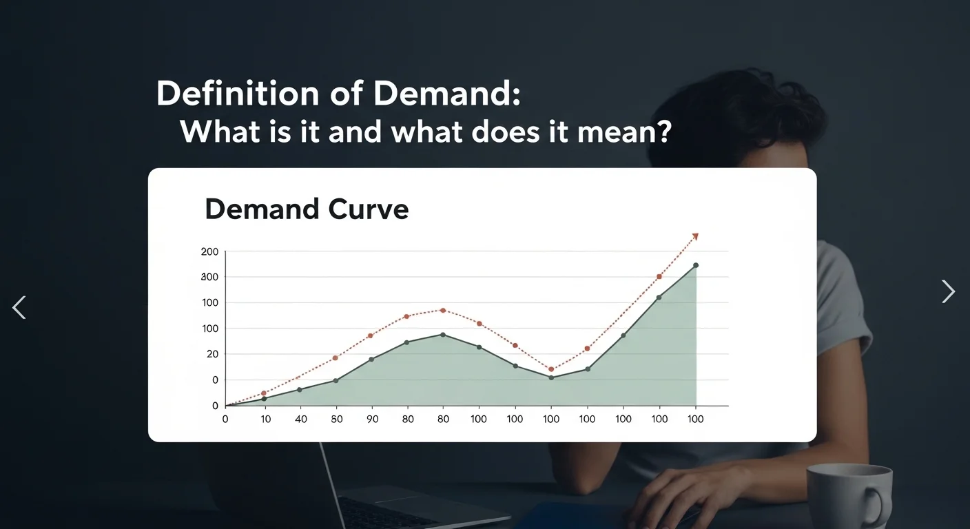 Imagen que muestra la definición y significado de Demanda, con un gráfico de la curva de demanda.