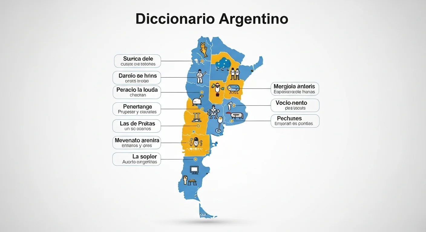 Explicación visual de qué significa y qué quiere decir Diccionario Argentino, mostrando un mapa del país con modismos locales.
