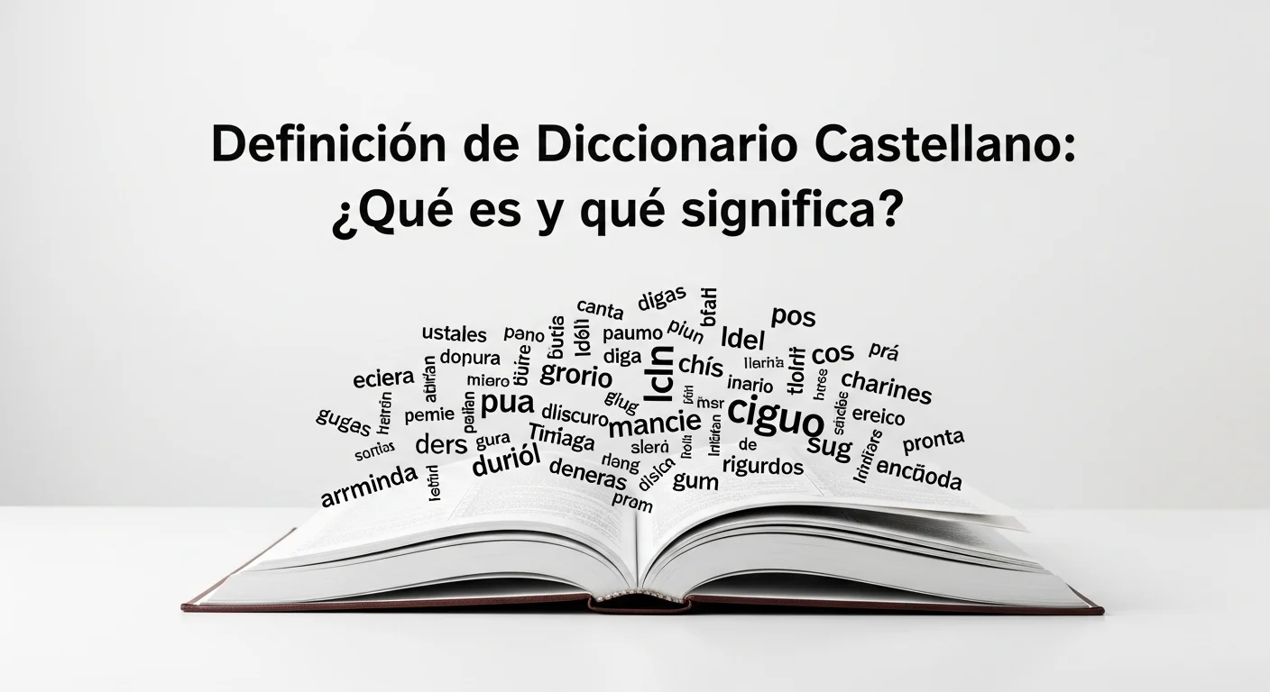 Imagen que muestra la definición y significado de Diccionario Castellano, con un libro abierto y palabras flotando.