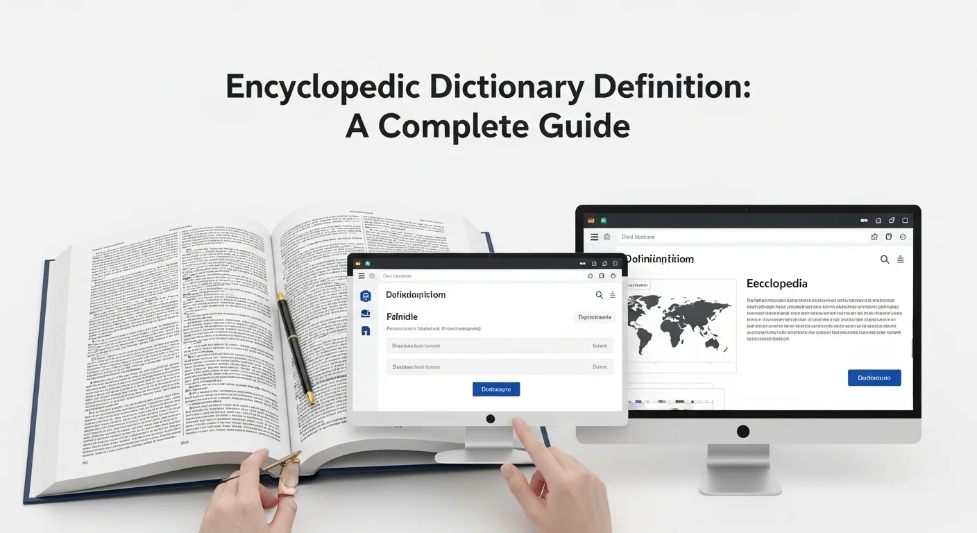 Explicación visual de qué significa y qué quiere decir Diccionario Enciclopédico, mostrando la fusión entre un diccionario y una enciclopedia.