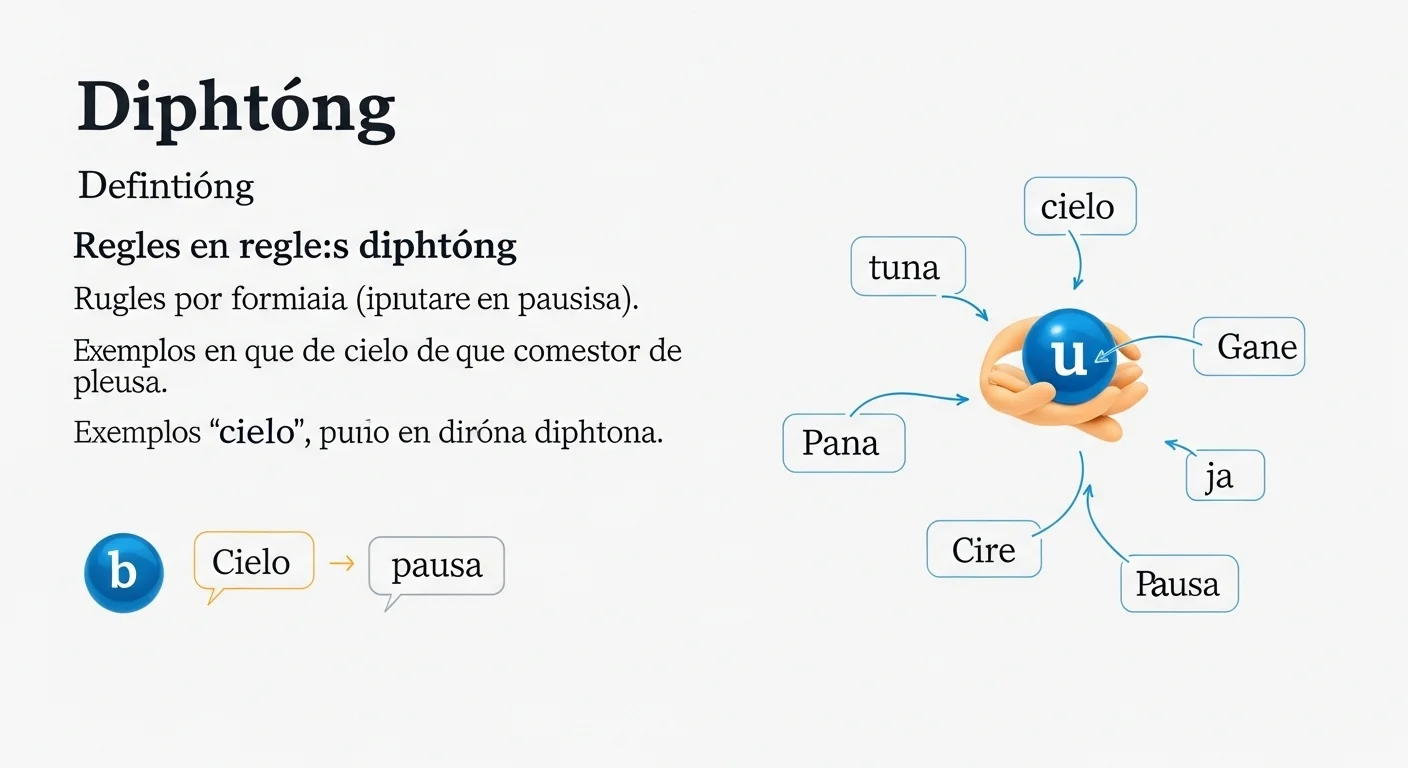 Imagen que muestra la definición y significado de Diptongo, con ejemplos como 'cielo' y 'pausa'.
