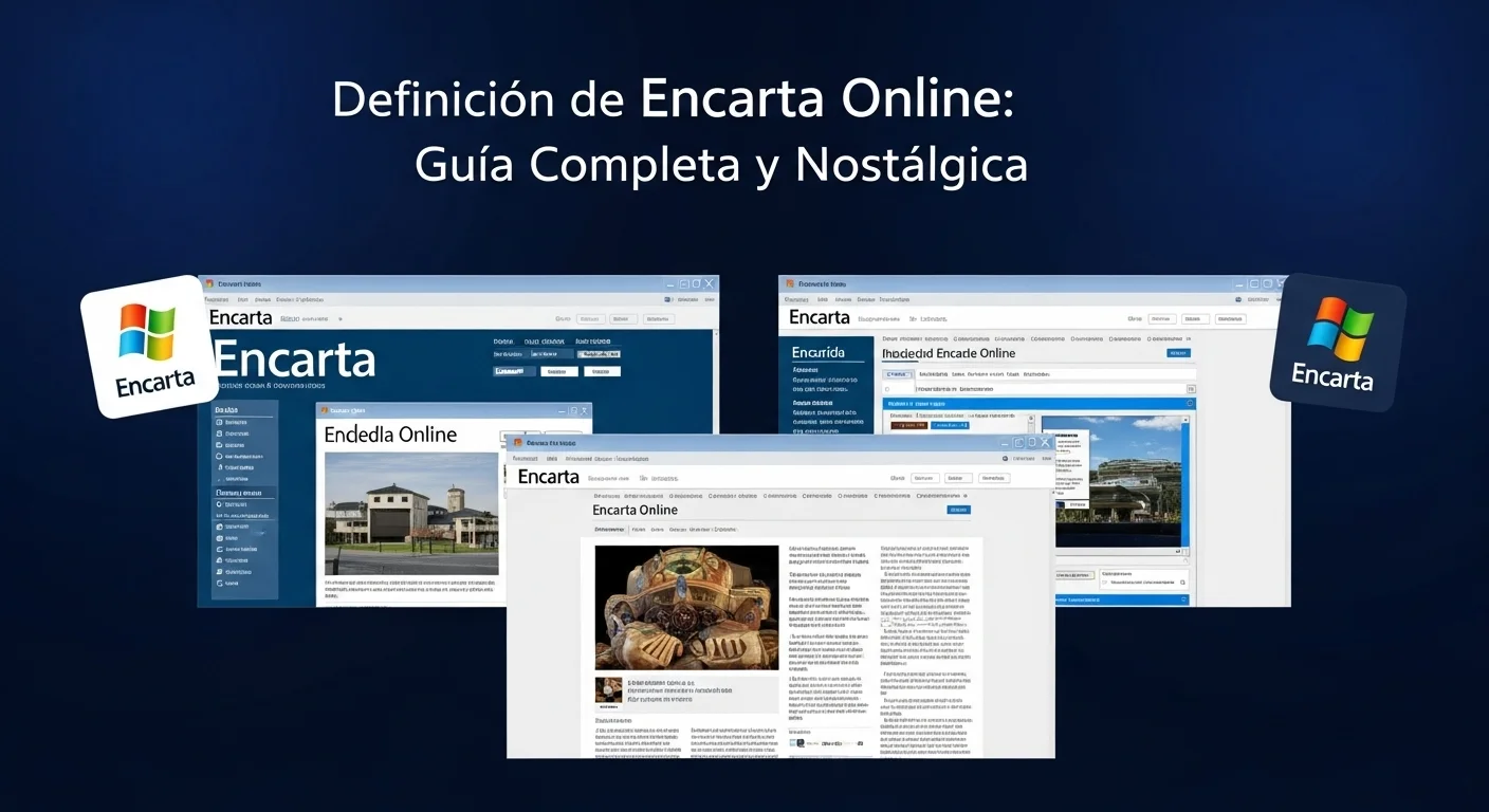 Imagen que muestra la definición y significado de Encarta Online, con logos y capturas de pantalla de la enciclopedia.