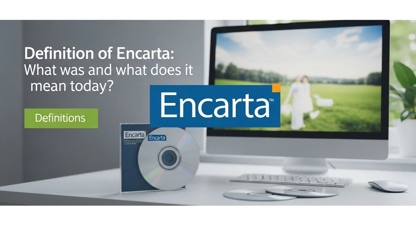Explicación visual del significado cultural de Encarta, con su icónico logo y CDs.