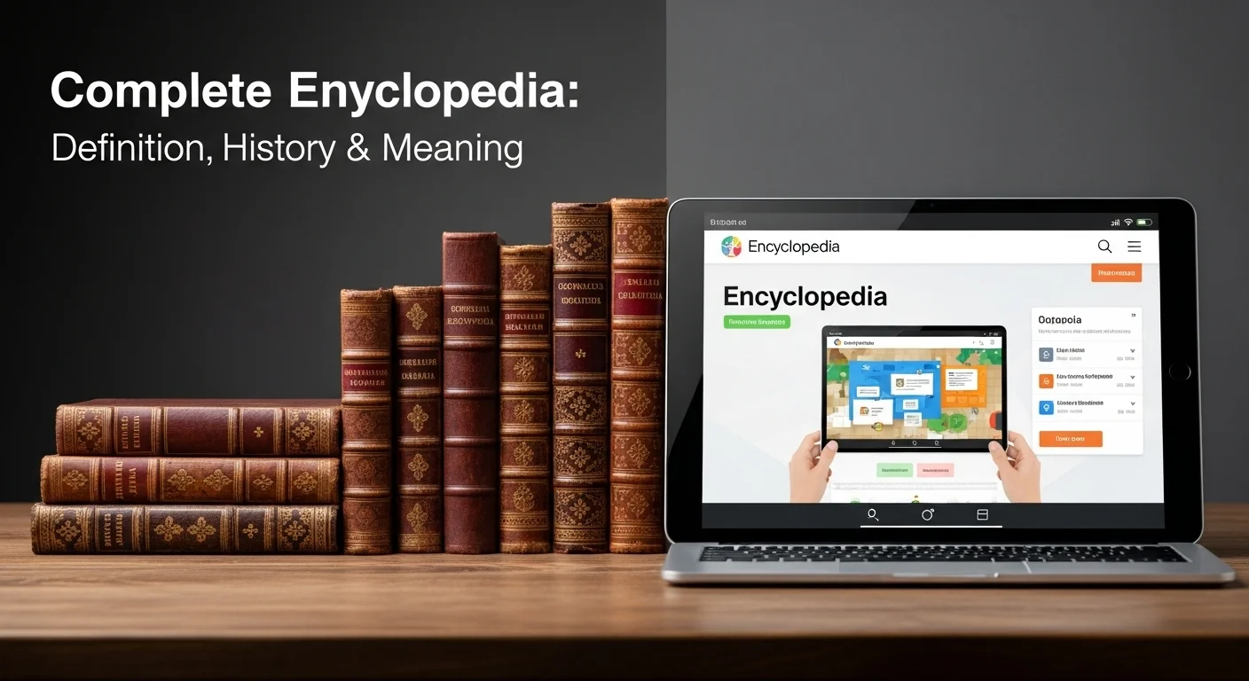 Explicación visual de qué significa y qué quiere decir Enciclopedia Completa, ilustrando la evolución desde los tomos a la consulta en pantalla.