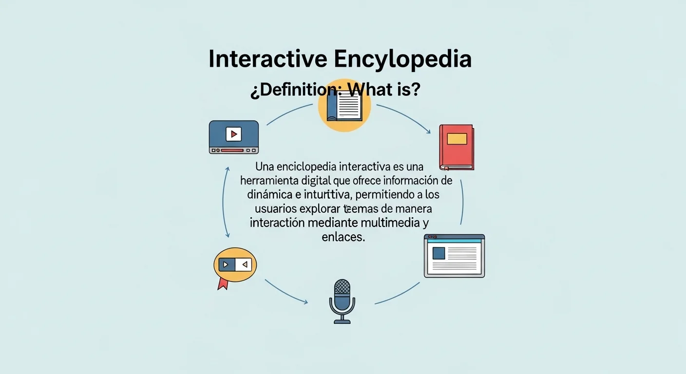 Imagen que muestra la definición y significado de Enciclopedia Interactiva, con iconos de multimedia y enlaces.