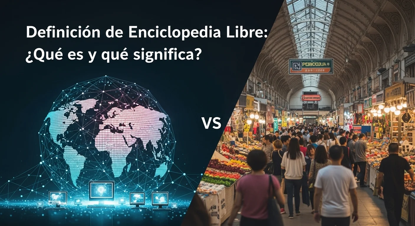 Explicación visual de qué significa y qué quiere decir Enciclopedia Libre, contrastando el concepto de conocimiento abierto con un mercado.