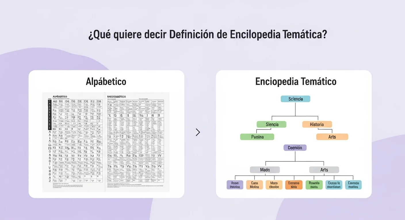 Explicación visual que muestra la diferencia estructural entre una enciclopedia alfabética y una enciclopedia temática, destacando el significado de la organización por materias.
