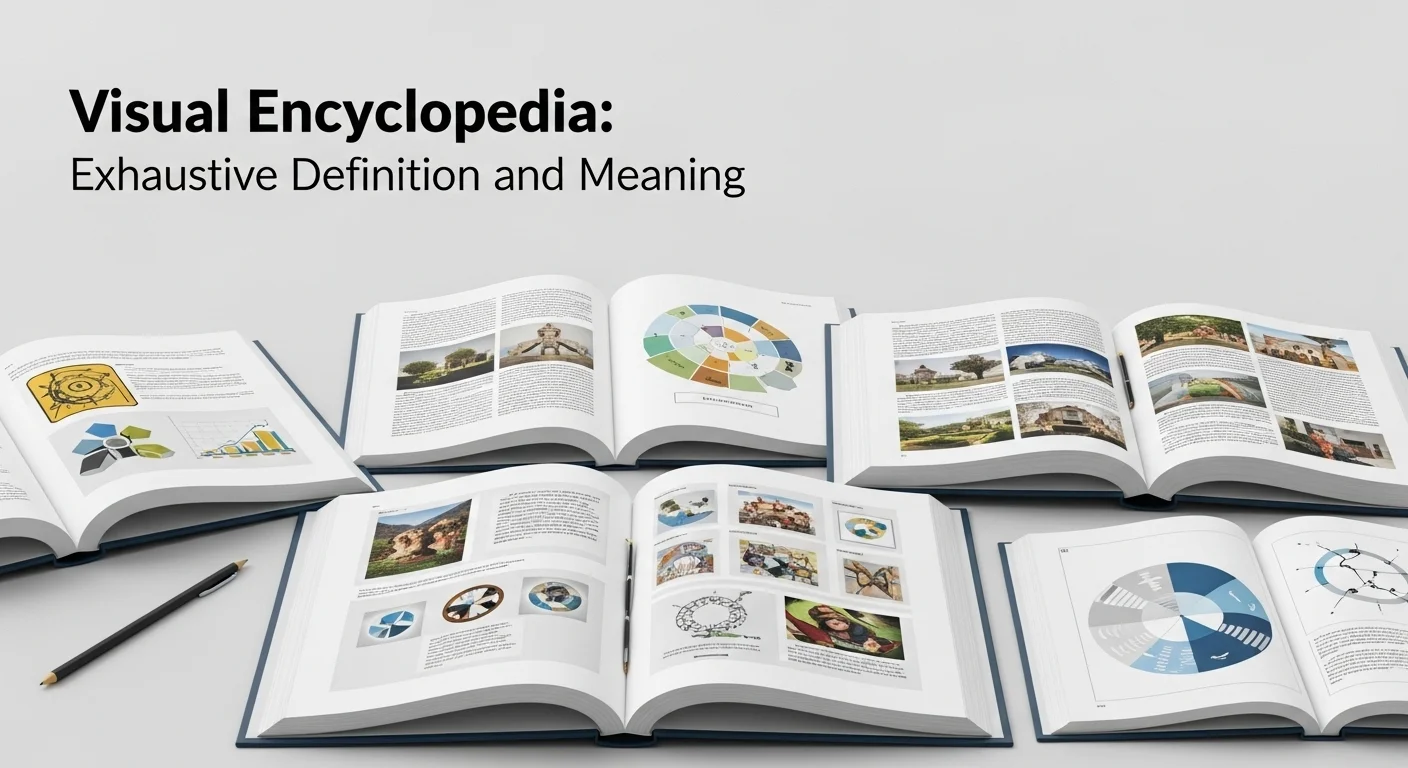 Imagen que muestra la definición y significado de Enciclopedia Visual a través de varios libros abiertos con gráficos e ilustraciones.