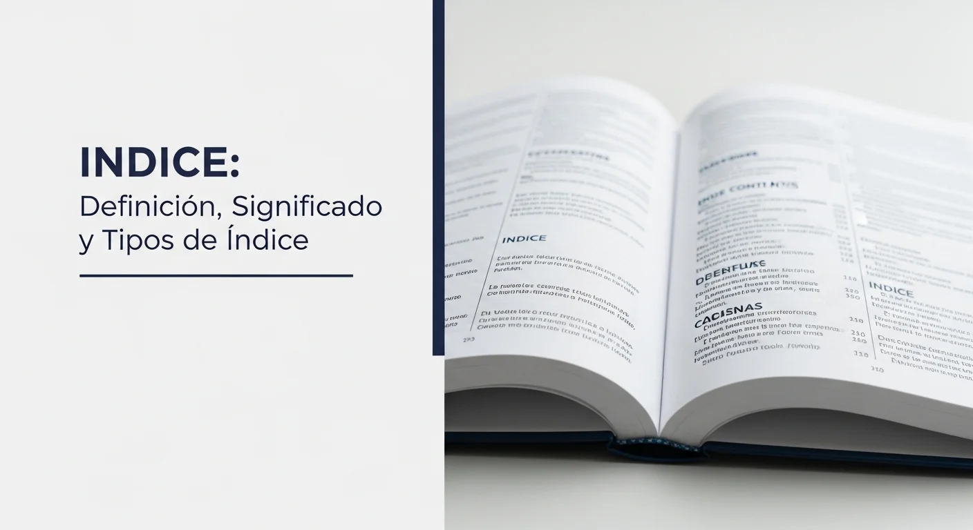 Imagen que muestra la definición y significado de Indice, con un libro abierto mostrando su tabla de contenidos.