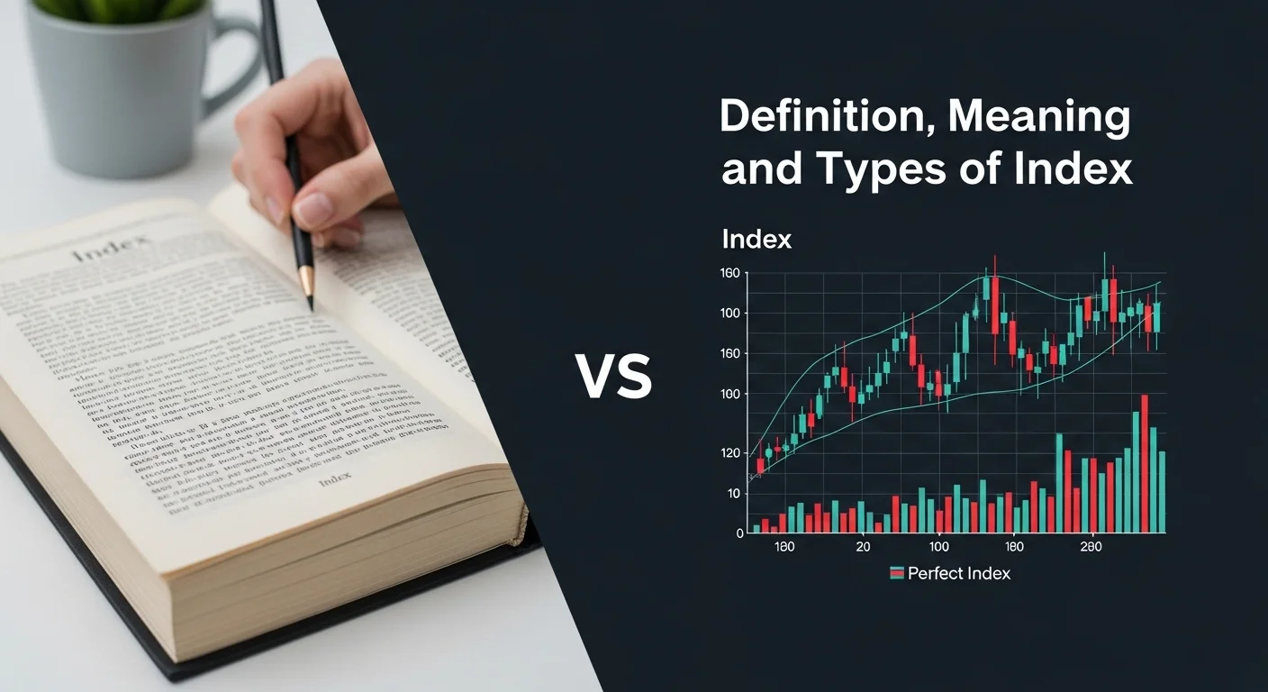 Explicación visual de qué significa y qué quiere decir Indice, comparando un índice de libro con un gráfico de índice bursátil.