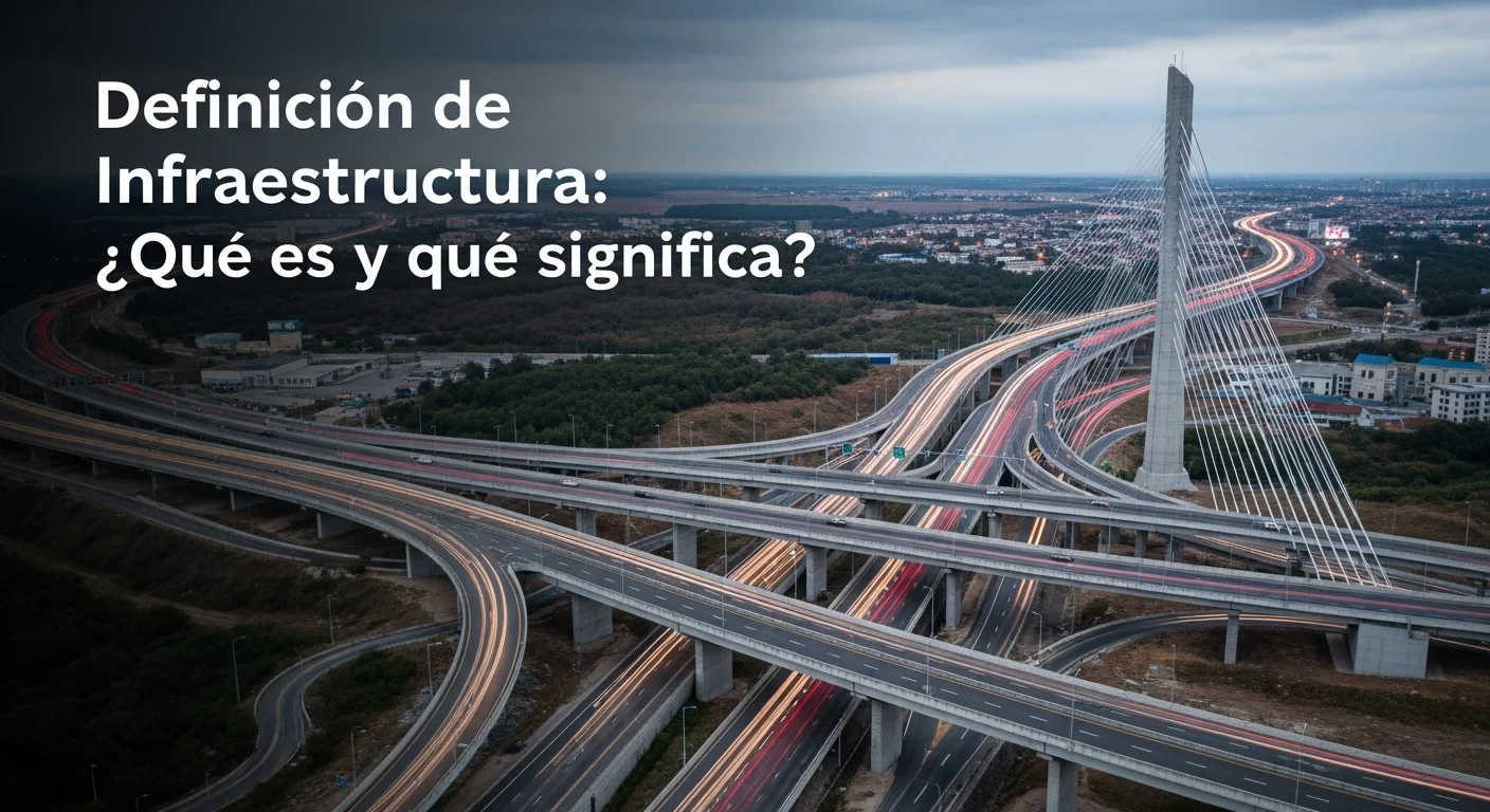 Imagen que muestra la definición y significado de Infraestructura a través de un puente moderno y una red vial compleja.