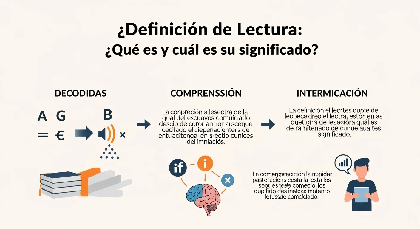 Infografía visual que desglosa el significado de la lectura en sus componentes: decodificación, comprensión e interpretación.