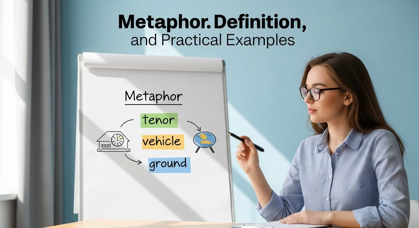 Imagen que muestra la definición y significado de Metáfora, con los elementos tenor, vehículo y fundamento.