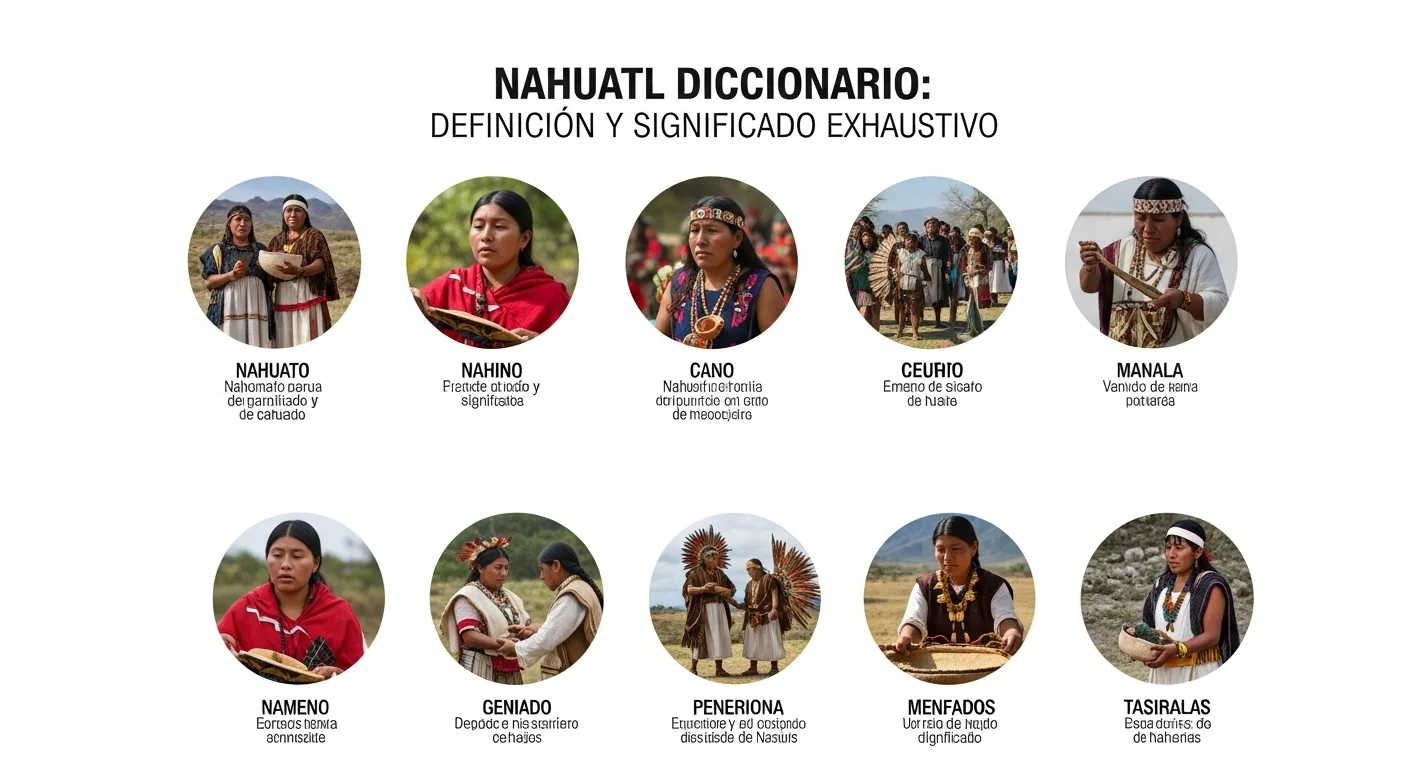 Infografía explicando visualmente qué significa un Nahuatl Diccionario, con ejemplos de palabras y su contexto cultural.