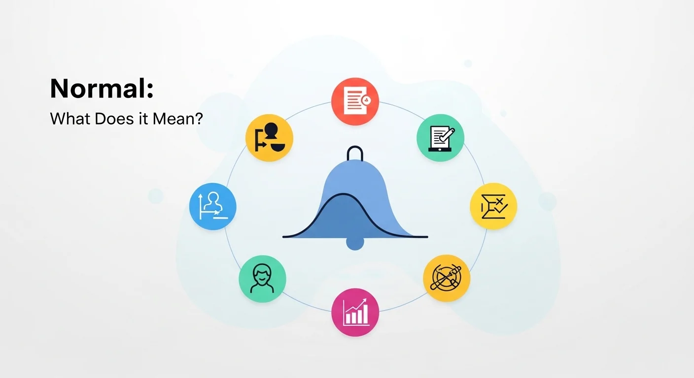 Imagen que muestra la definición y significado de Normal, con una campana de Gauss y símbolos de diferentes contextos.