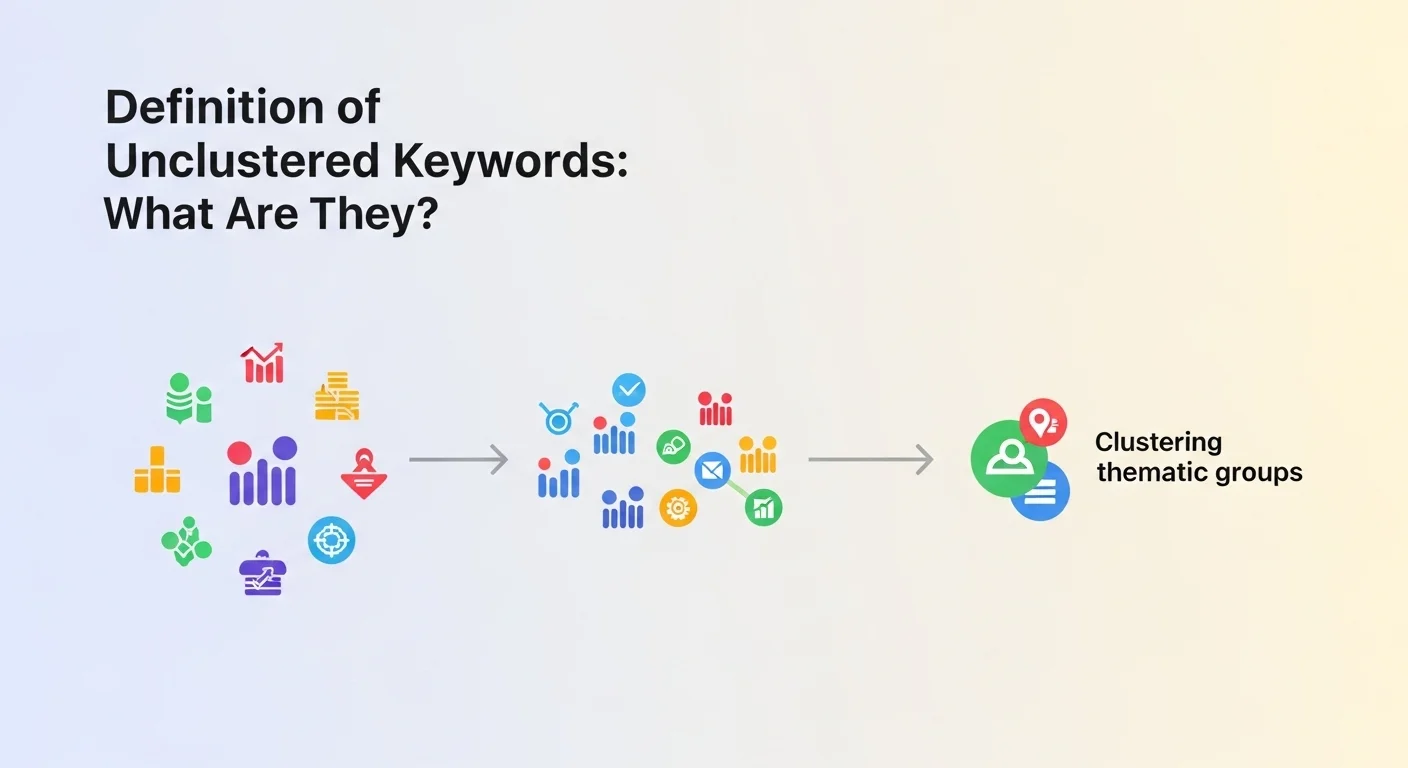 Explicación visual de qué significa Palabras clave sin agrupar, mostrando el proceso de clustering hacia grupos temáticos.