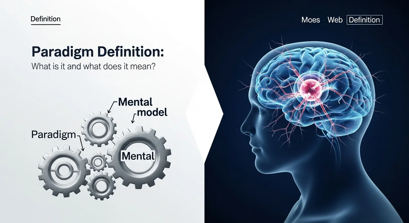 Imagen que muestra la definición y significado de Paradigma, con un cerebro y engranajes representando un modelo mental.