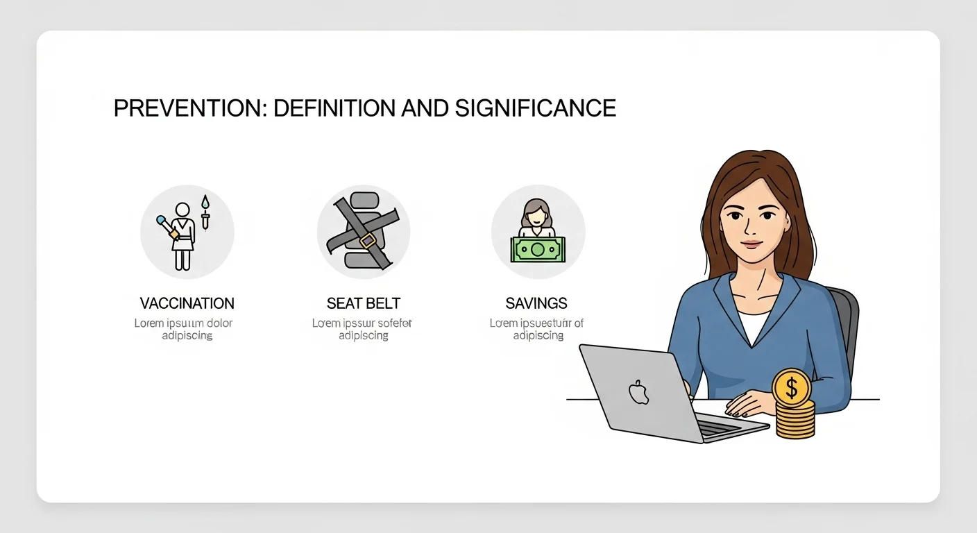 Infografía visual que explica qué significa prevención con iconos de vacunación, cinturón de seguridad y ahorro.