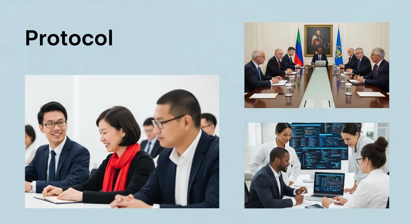 Explicación visual de qué significa y qué quiere decir Protocolo en diferentes contextos como el social, diplomático y tecnológico.