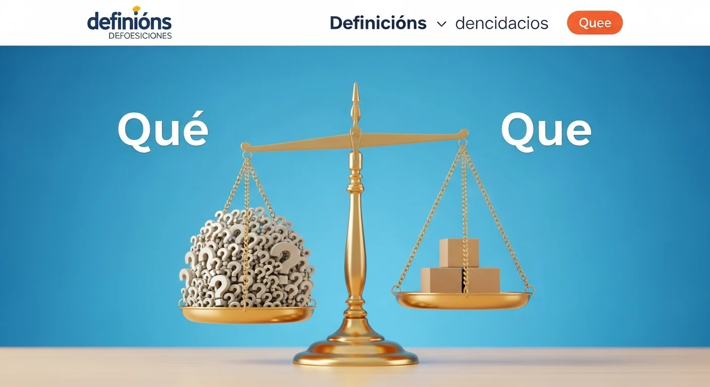 Explicación visual de qué significa y qué quiere decir Qué, comparando 'que' y 'qué' en una balanza.