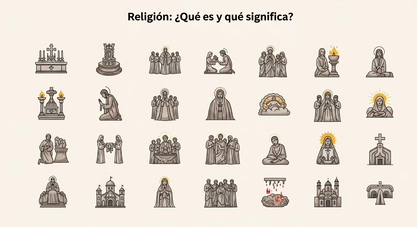 Infografía explicando visualmente qué significa y qué quiere decir religión, con íconos de rituales, comunidad y creencias.