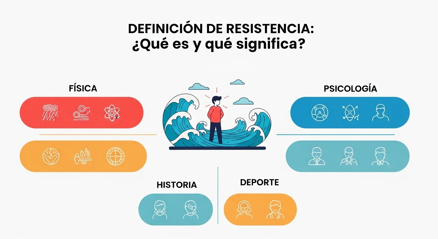 Explicación visual con iconos que representan la resistencia en física, psicología, historia y deporte, clarificando qué significa y qué quiere decir.