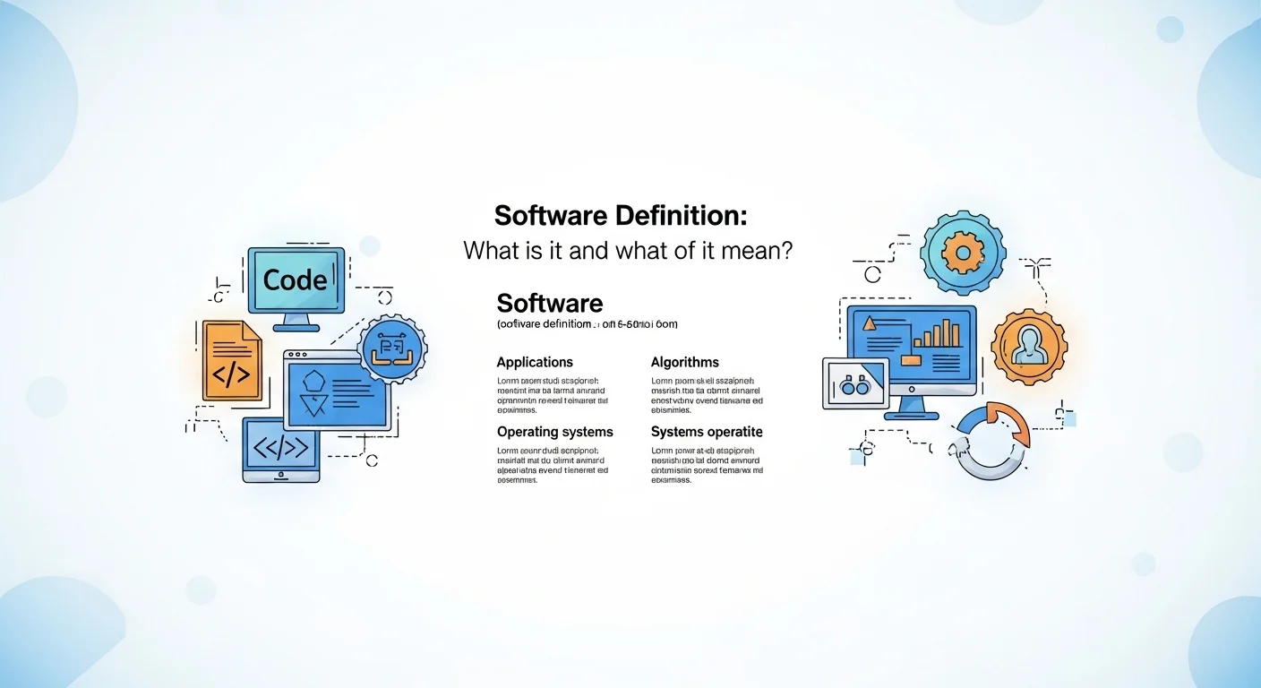Imagen que muestra la definición y significado de Software, con iconos representando código, aplicaciones y sistemas operativos.