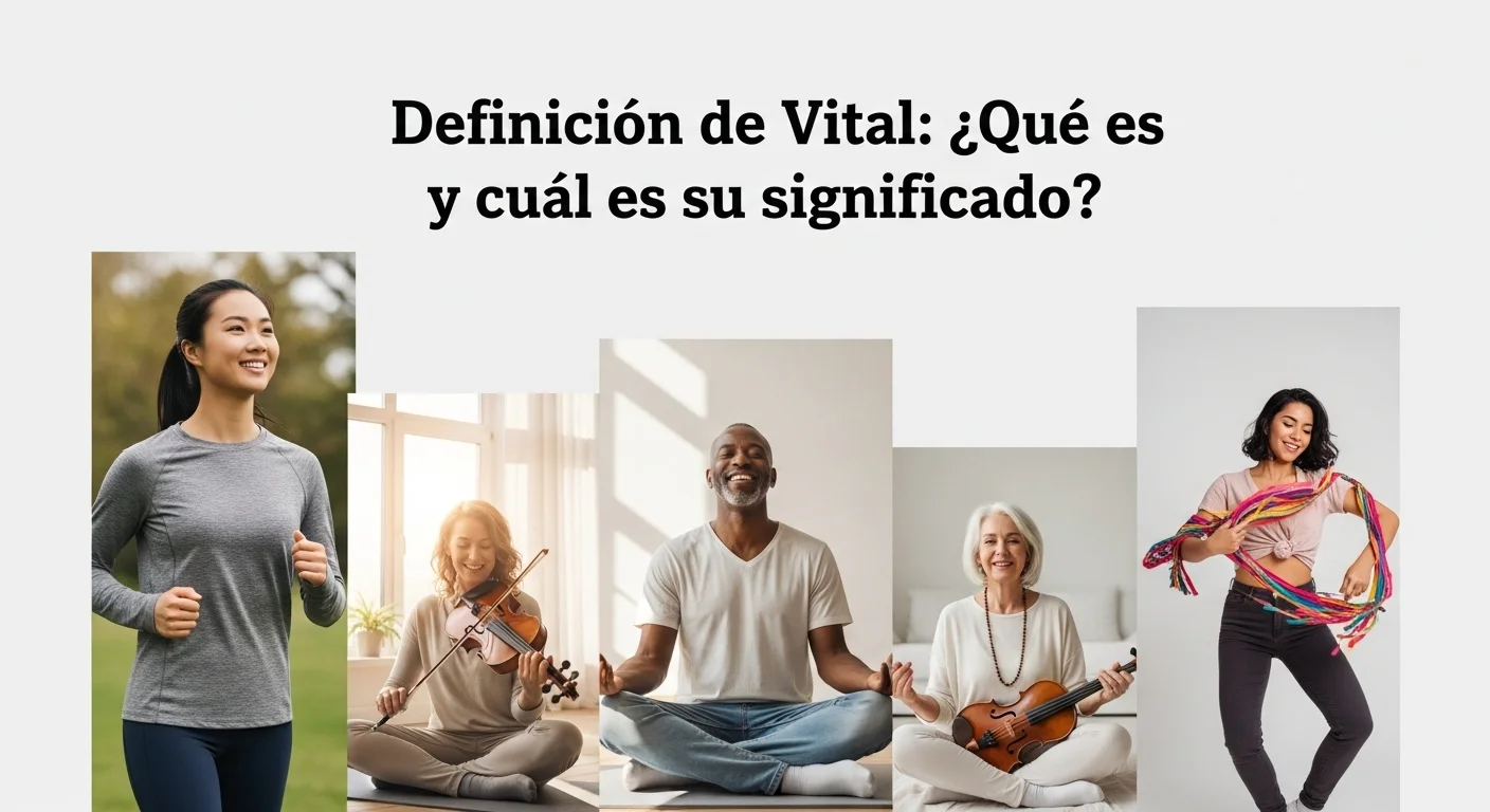 Explicación visual de qué significa el término vital, con ejemplos como los signos vitales y la energía personal.