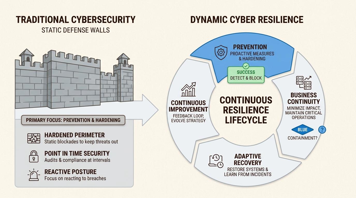 Cyber resilience evolves from static defenses to a continuous lifecycle, ensuring business operations and adaptation amidst inevitable breaches. cyberresilience