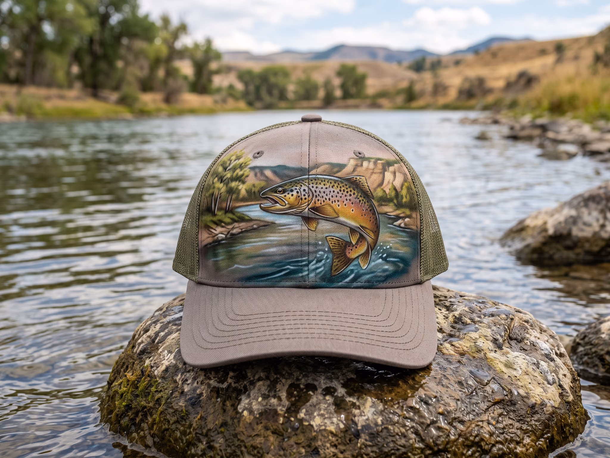 Canyon Bend Trout Leap — a trucker hat by The house