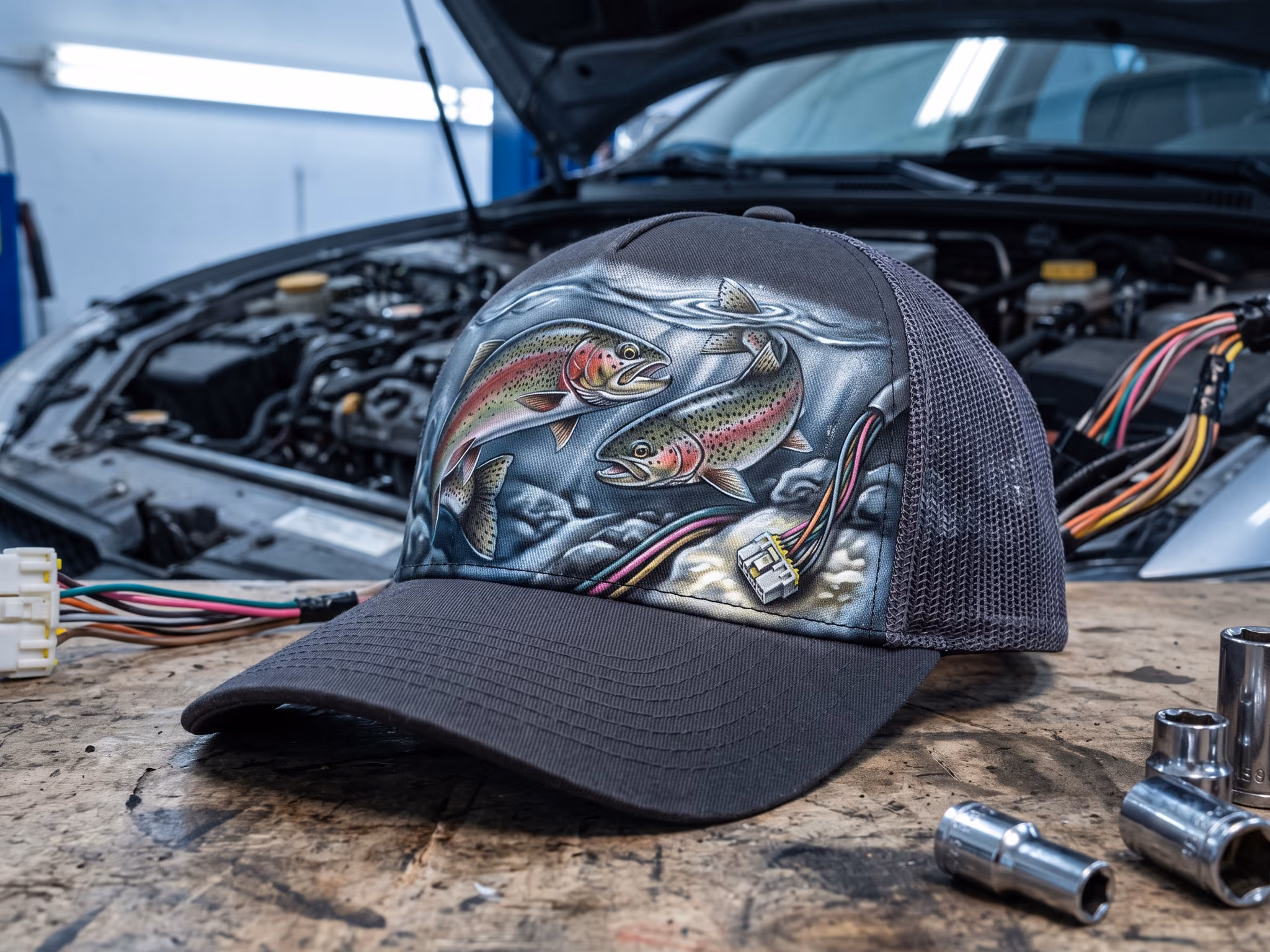 Wired Stream Rainbow Trout — a trucker hat by Dekasso