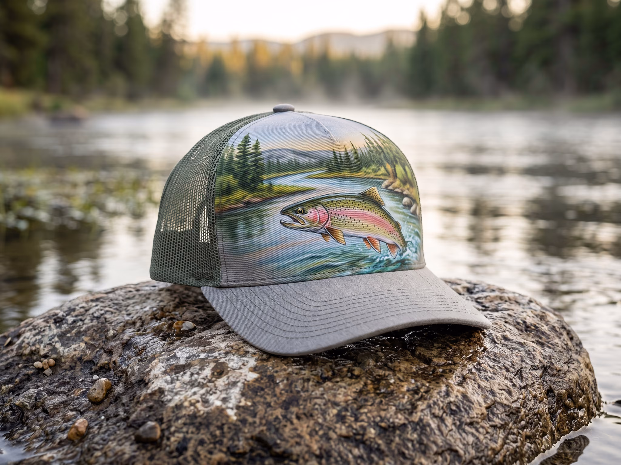 Henry's Fork Rainbow trout Trucker — a trucker hat by Derek Leavitt
