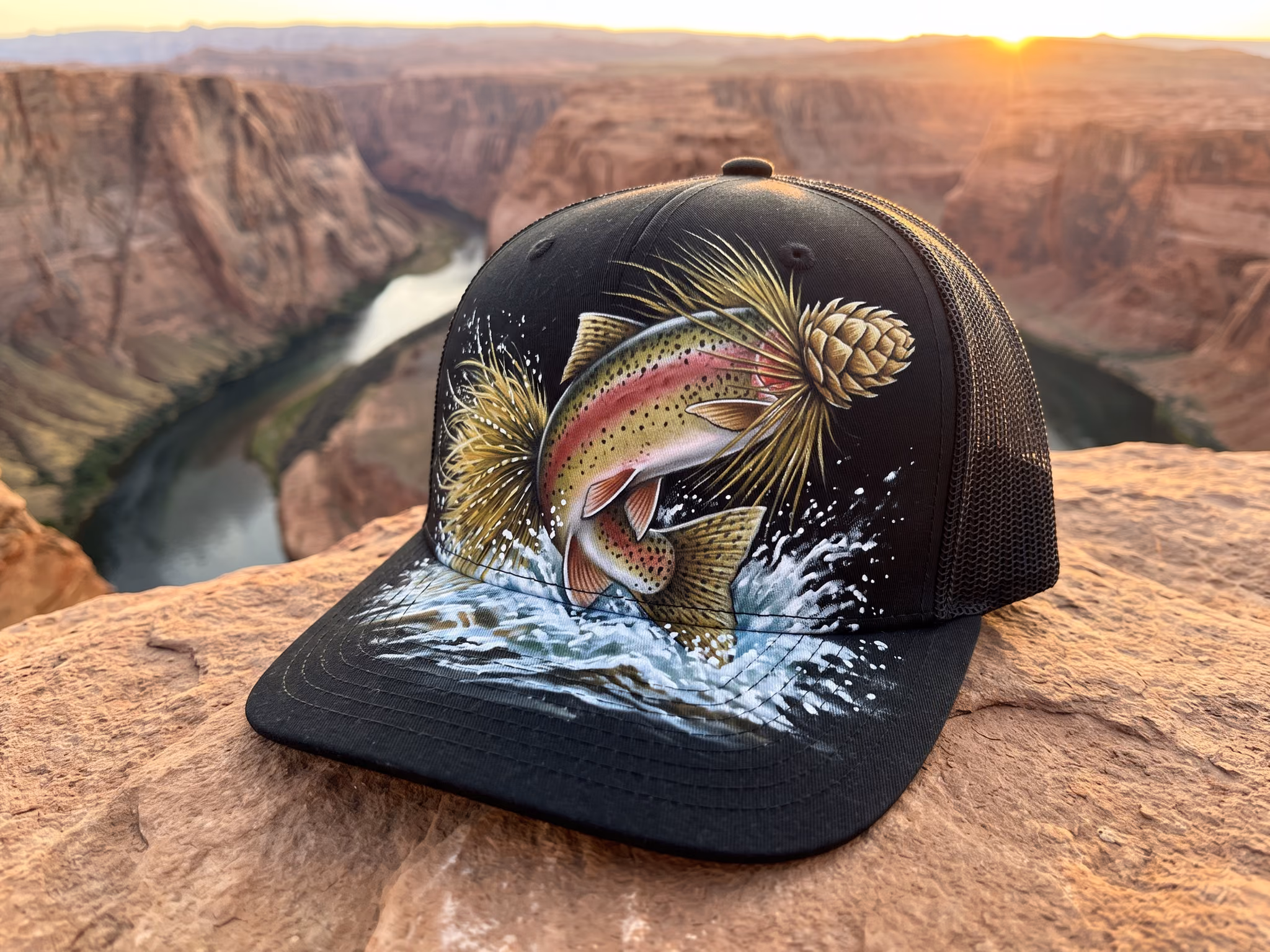 Leaping Trout and Fly — a trucker hat by Dekasso
