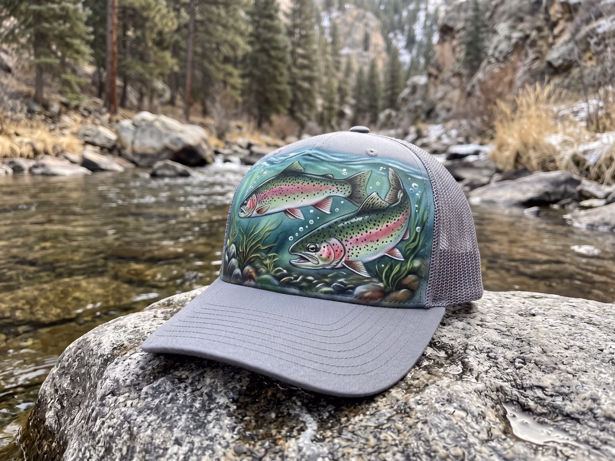 South Platte Rainbow trout Trucker — a trucker hat by Derek Leavitt