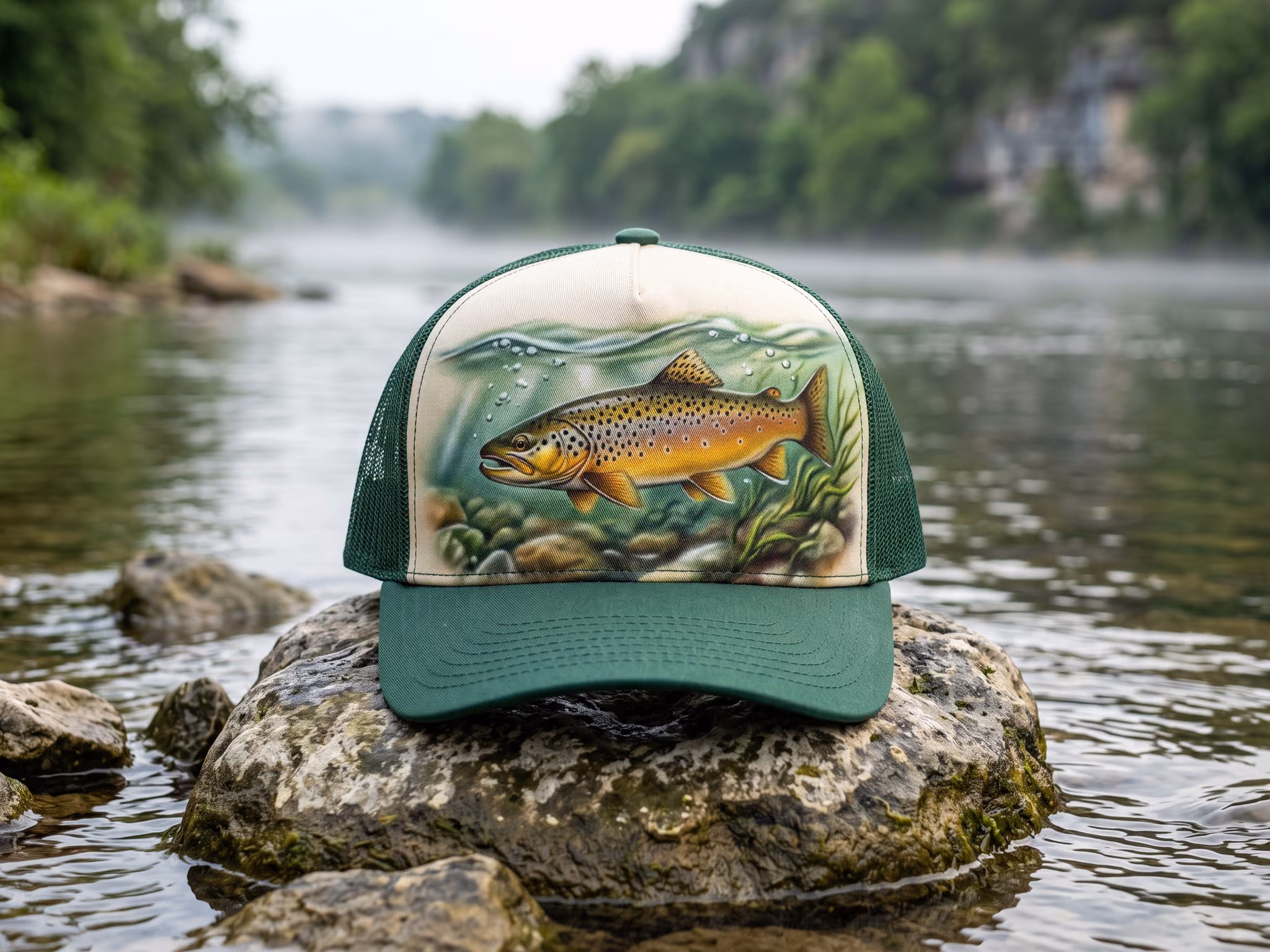 White Brown trout Trucker — a trucker hat by Dekasso