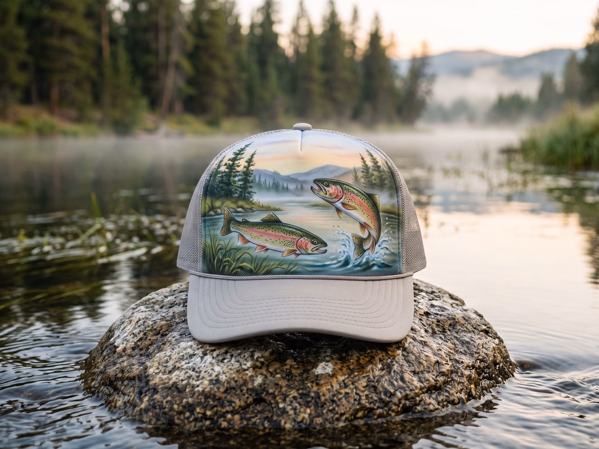 Dawn Mist River Rainbows — a trucker hat by The house