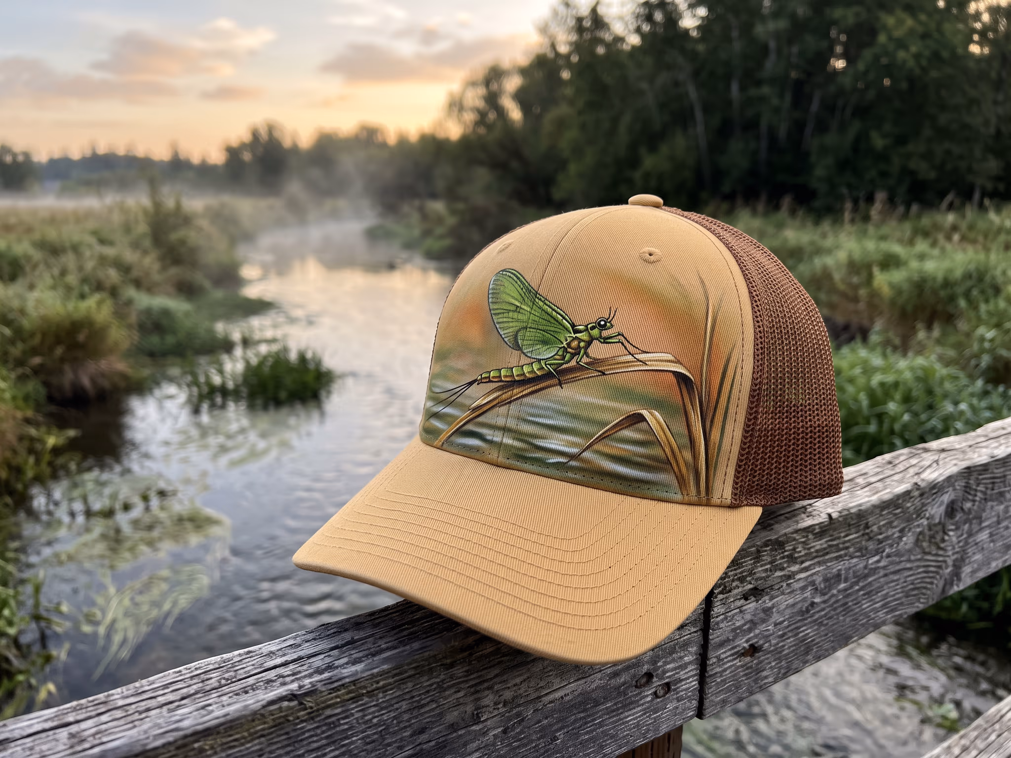 Green Drake on Reeds — a trucker hat by Dekasso
