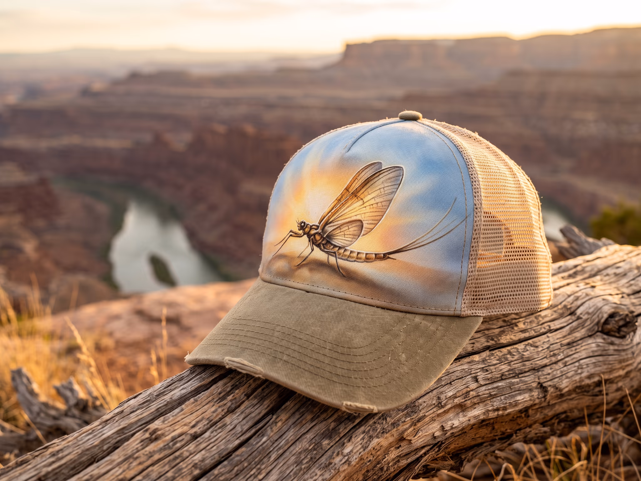 Golden Hour Mayfly — a trucker hat by Dekasso