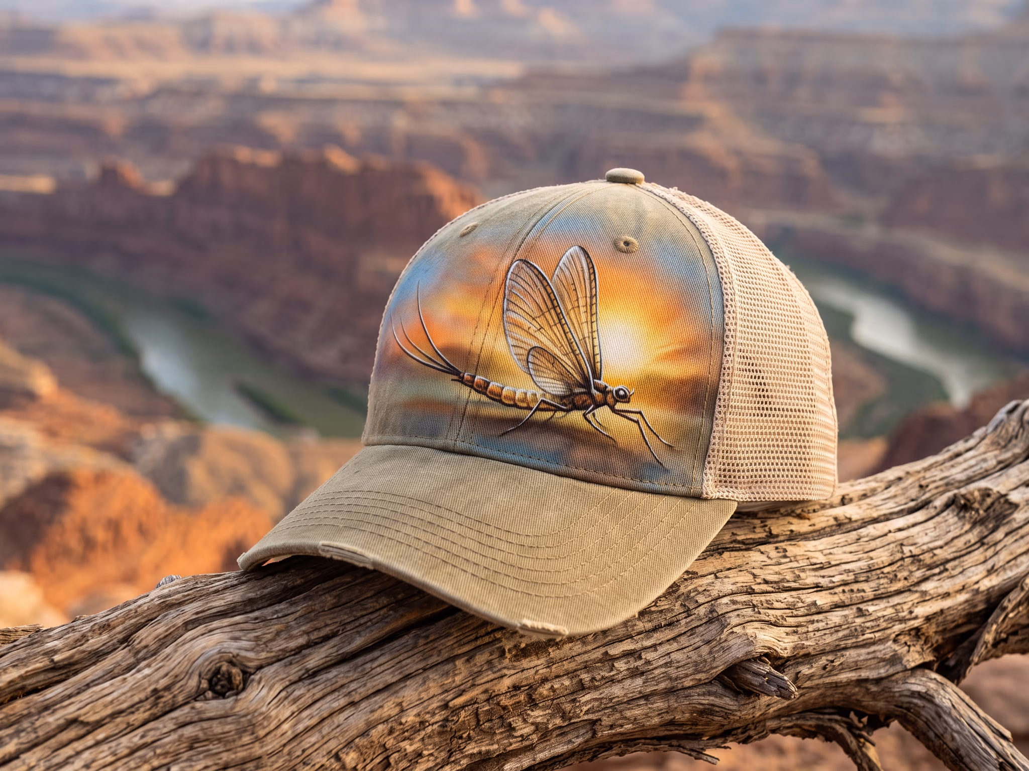 Golden Hour Mayfly — a trucker hat by Dekasso